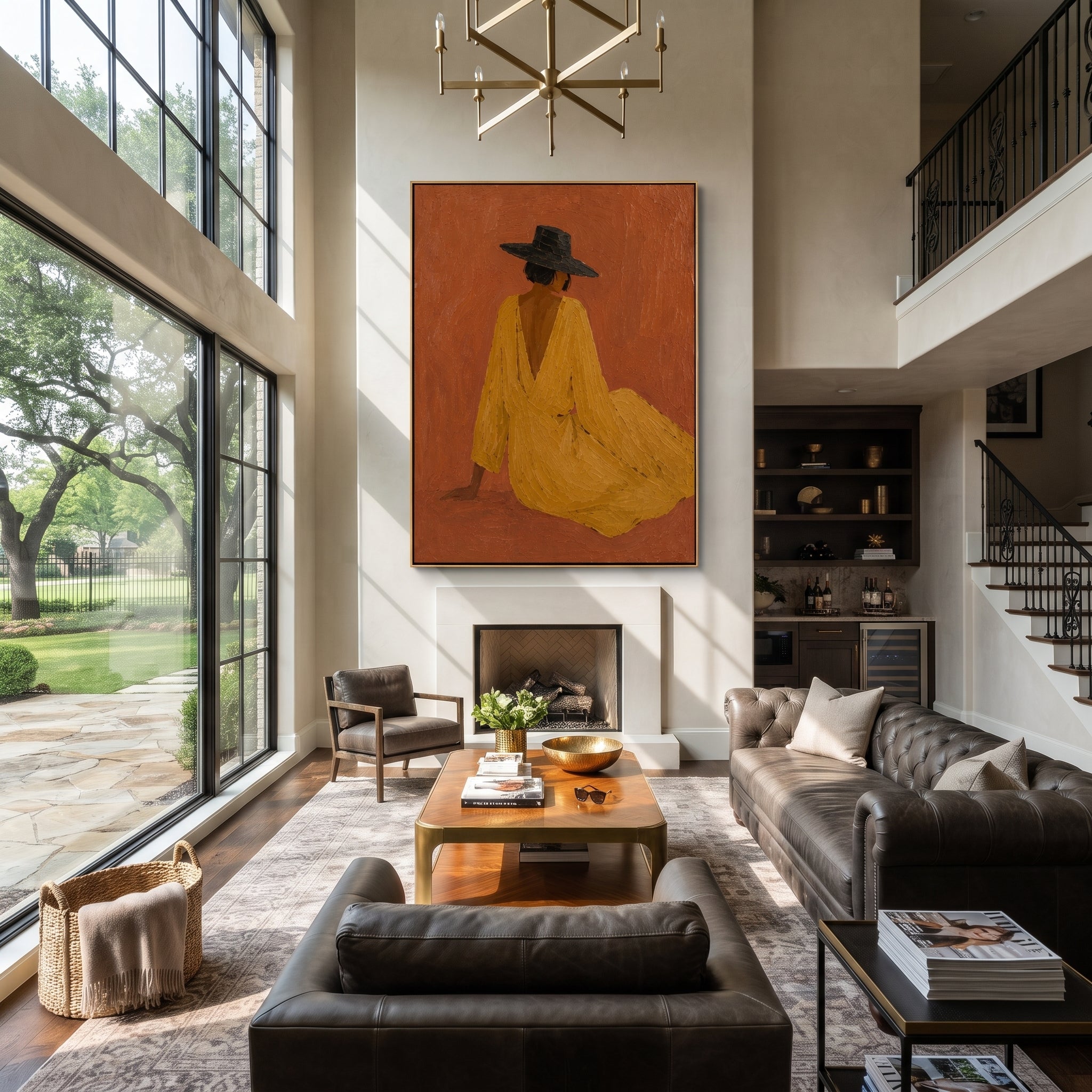 Mustard Dress Rests Low - seated cowgirl dress painting by Ethan Mercer, contemporary Western vertical wall art – styled room scene view 2