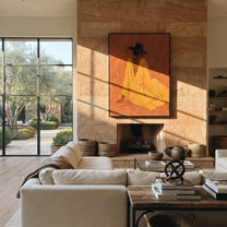 Mustard Dress Rests Low - seated cowgirl dress painting by Ethan Mercer, contemporary Western vertical wall art – styled room scene view 3