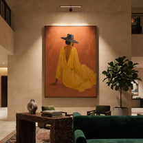 Mustard Dress Rests Low - seated cowgirl dress painting by Ethan Mercer, contemporary Western vertical wall art – styled room scene view 4