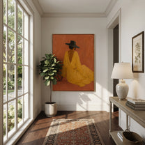 Mustard Dress Rests Low - seated cowgirl dress painting by Ethan Mercer, contemporary Western vertical wall art – styled room scene view 5