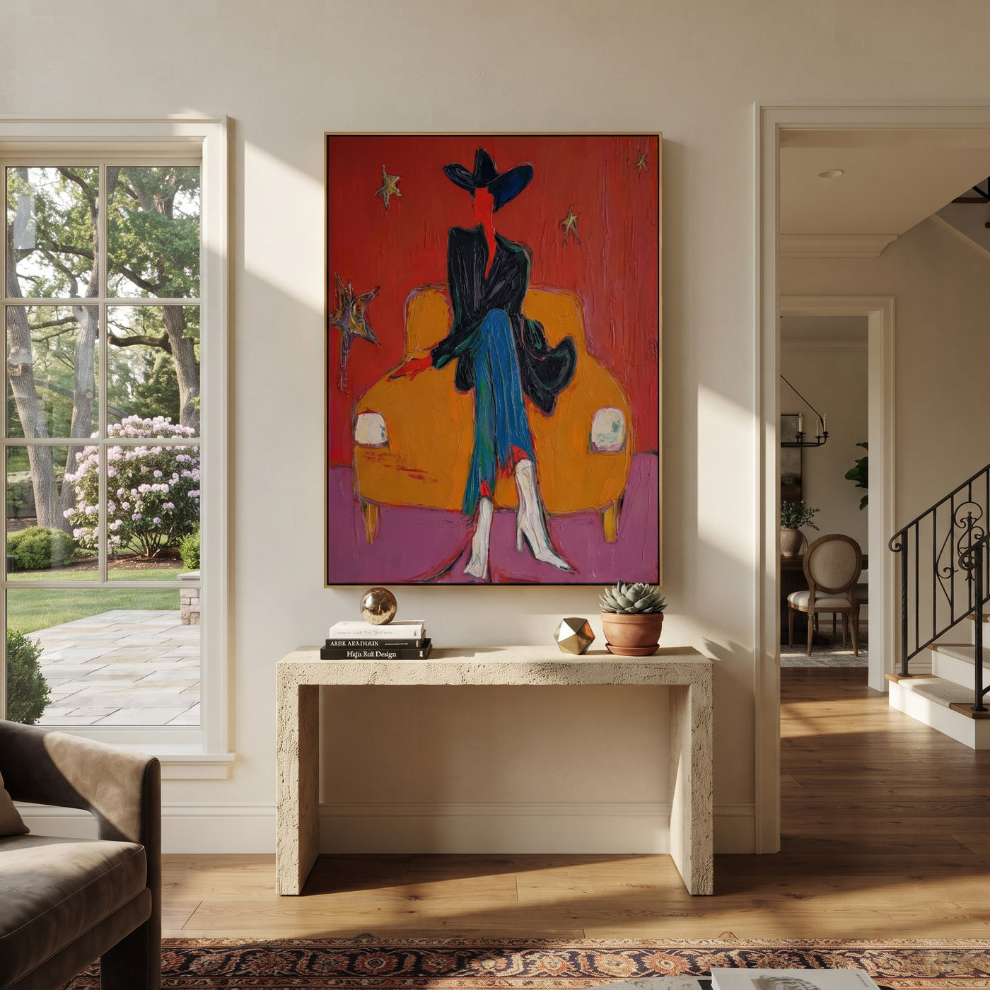 Orange Chair Keeps Night - dark cowboy chair painting by Ethan Mercer, contemporary Western vertical wall art – styled room scene view 1