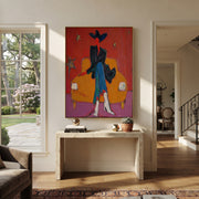 Orange Chair Keeps Night - dark cowboy chair painting by Ethan Mercer, contemporary Western vertical wall art – styled room scene view 1