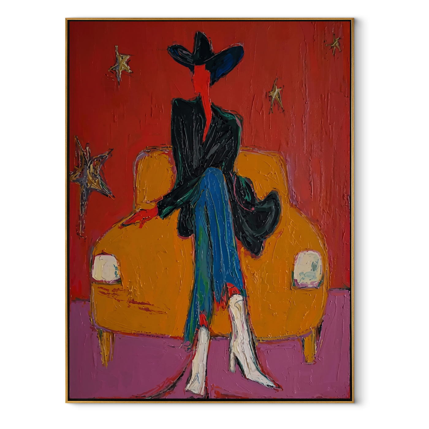 Orange Chair Keeps Night - dark cowboy chair painting by Ethan Mercer, contemporary Western vertical wall art – wood frame on white background