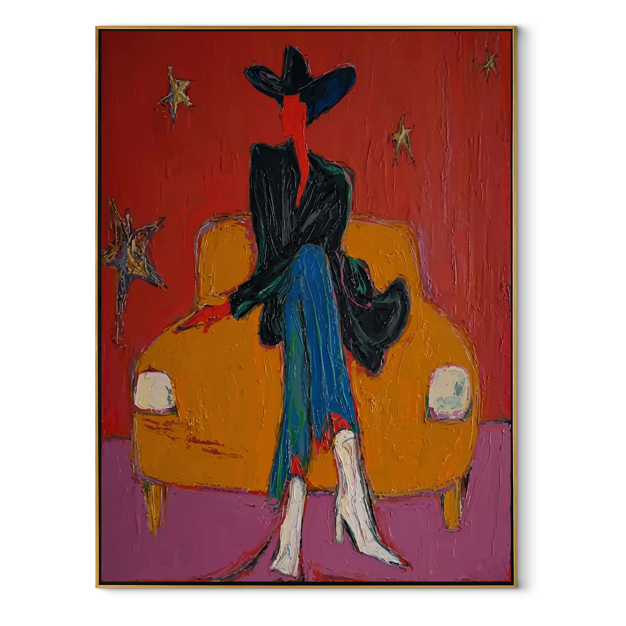 Orange Chair Keeps Night - dark cowboy chair painting by Ethan Mercer, contemporary Western vertical wall art – wood frame on white background
