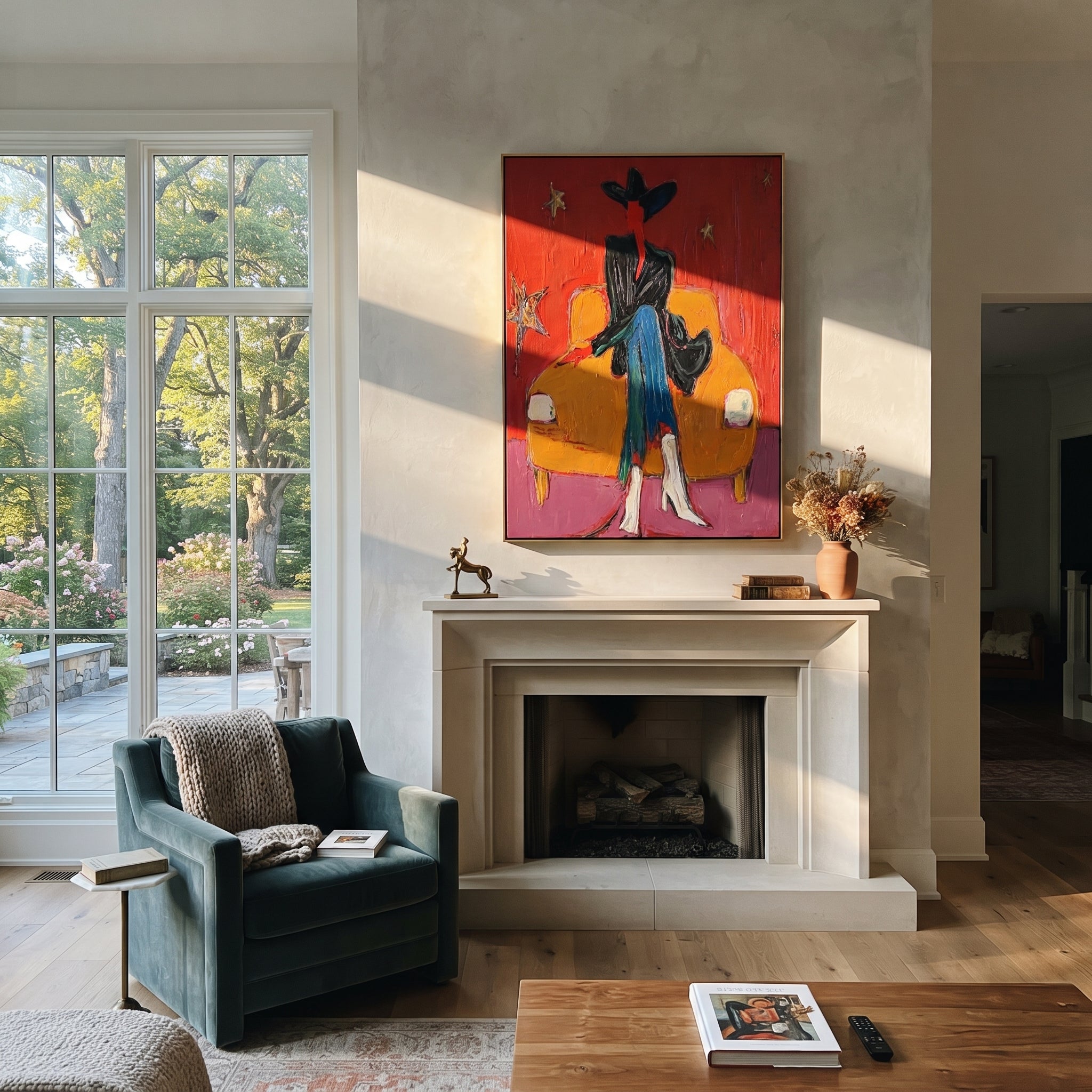 Orange Chair Keeps Night - dark cowboy chair painting by Ethan Mercer, contemporary Western vertical wall art – styled room scene view 2