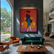 Orange Chair Keeps Night - dark cowboy chair painting by Ethan Mercer, contemporary Western vertical wall art – styled room scene view 3