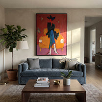 Orange Chair Keeps Night - dark cowboy chair painting by Ethan Mercer, contemporary Western vertical wall art – styled room scene view 4