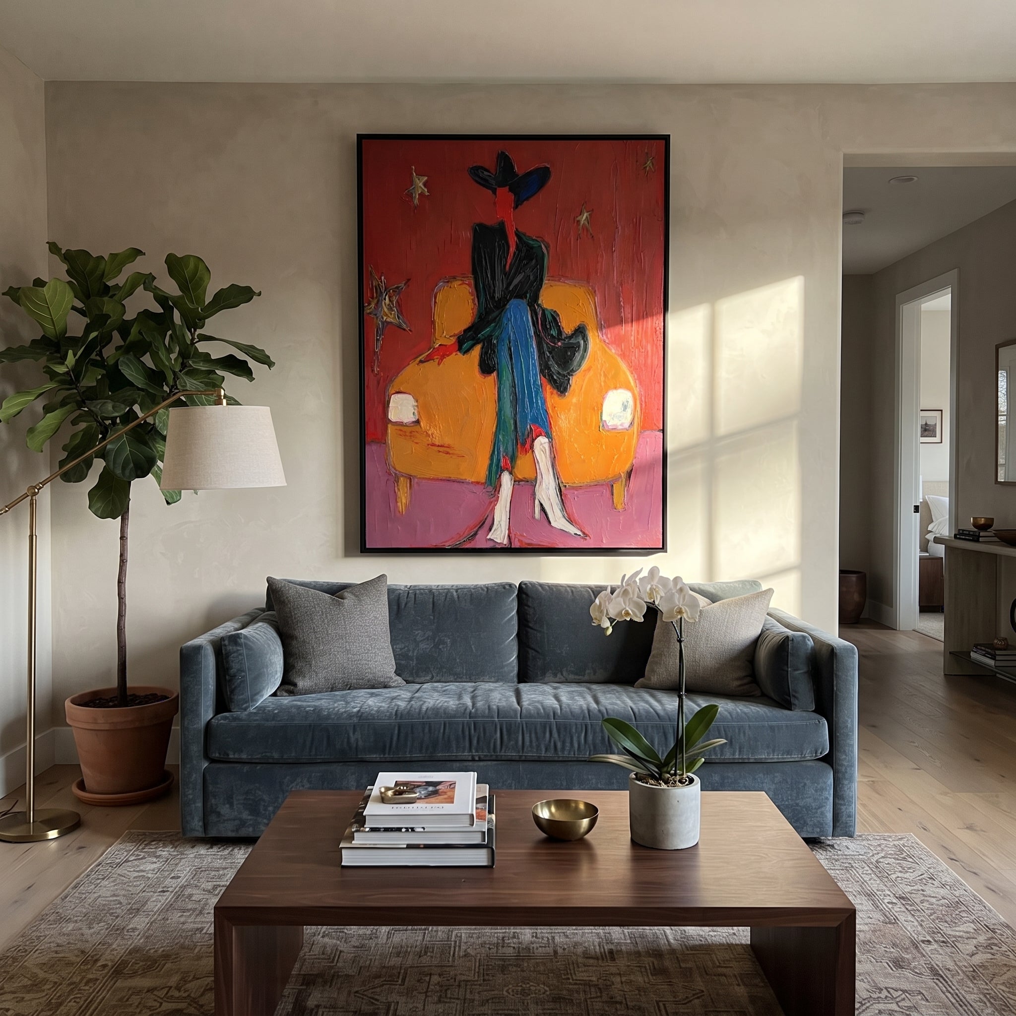 Orange Chair Keeps Night - dark cowboy chair painting by Ethan Mercer, contemporary Western vertical wall art – styled room scene view 4