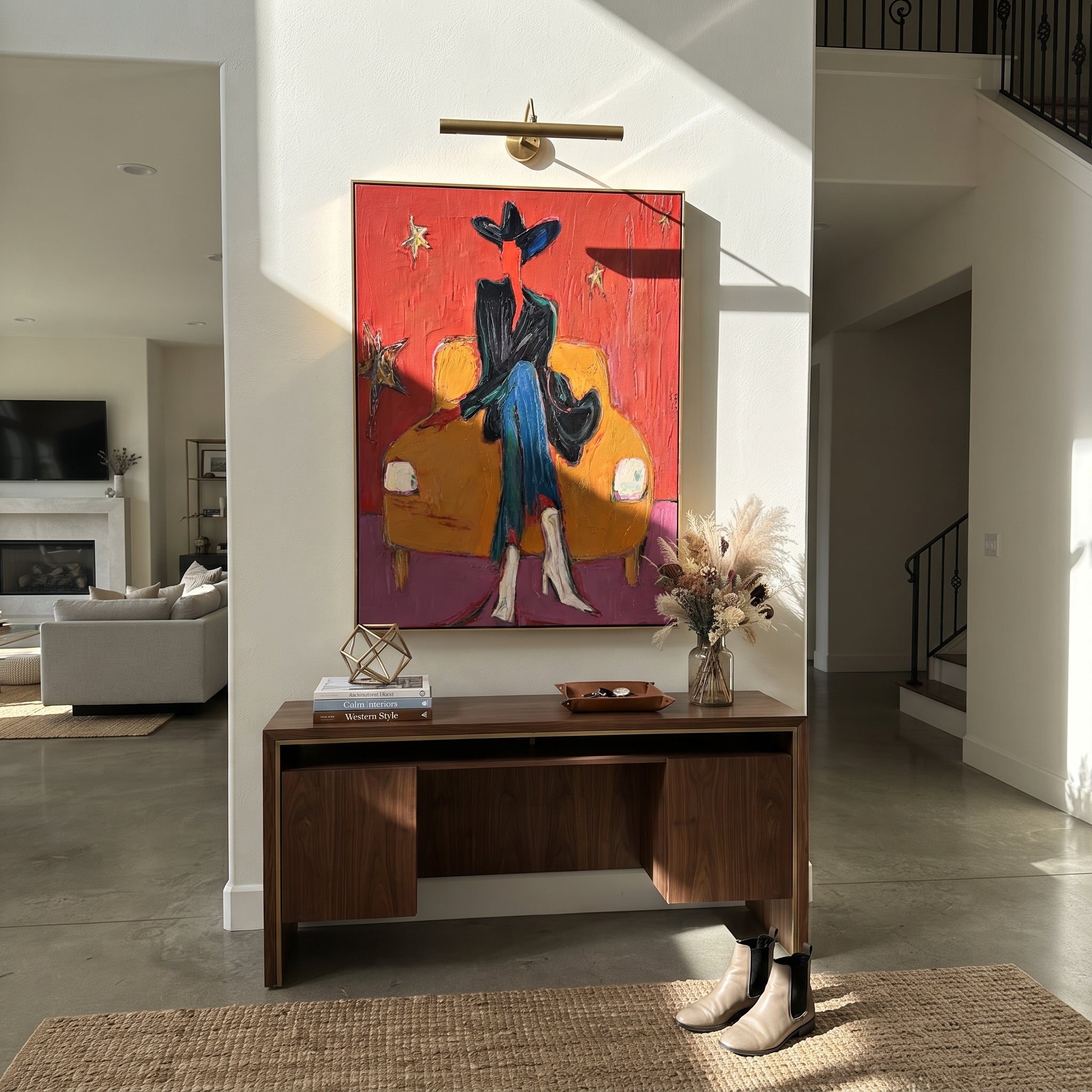 Orange Chair Keeps Night - dark cowboy chair painting by Ethan Mercer, contemporary Western vertical wall art – styled room scene view 5