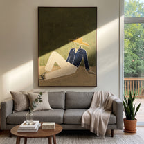Cream Trousers Cross Earth - minimal reclining cowboy painting by Ethan Mercer, contemporary Western vertical wall art – styled room scene view 1