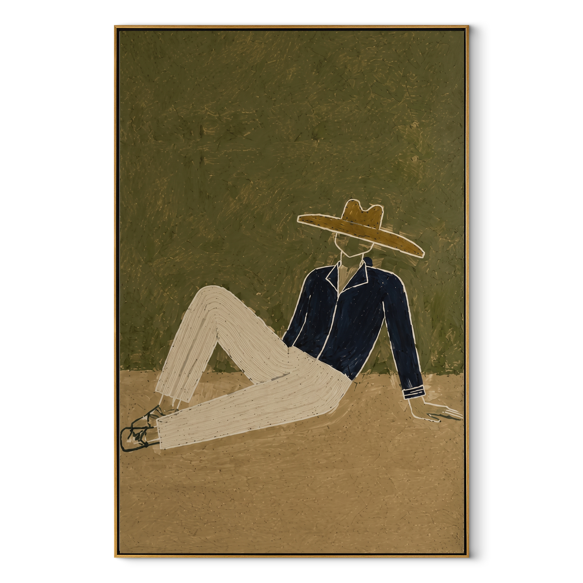 Cream Trousers Cross Earth - minimal reclining cowboy painting by Ethan Mercer, contemporary Western vertical wall art – wood frame on white background