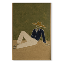 Cream Trousers Cross Earth - minimal reclining cowboy painting by Ethan Mercer, contemporary Western vertical wall art – wood frame on white background