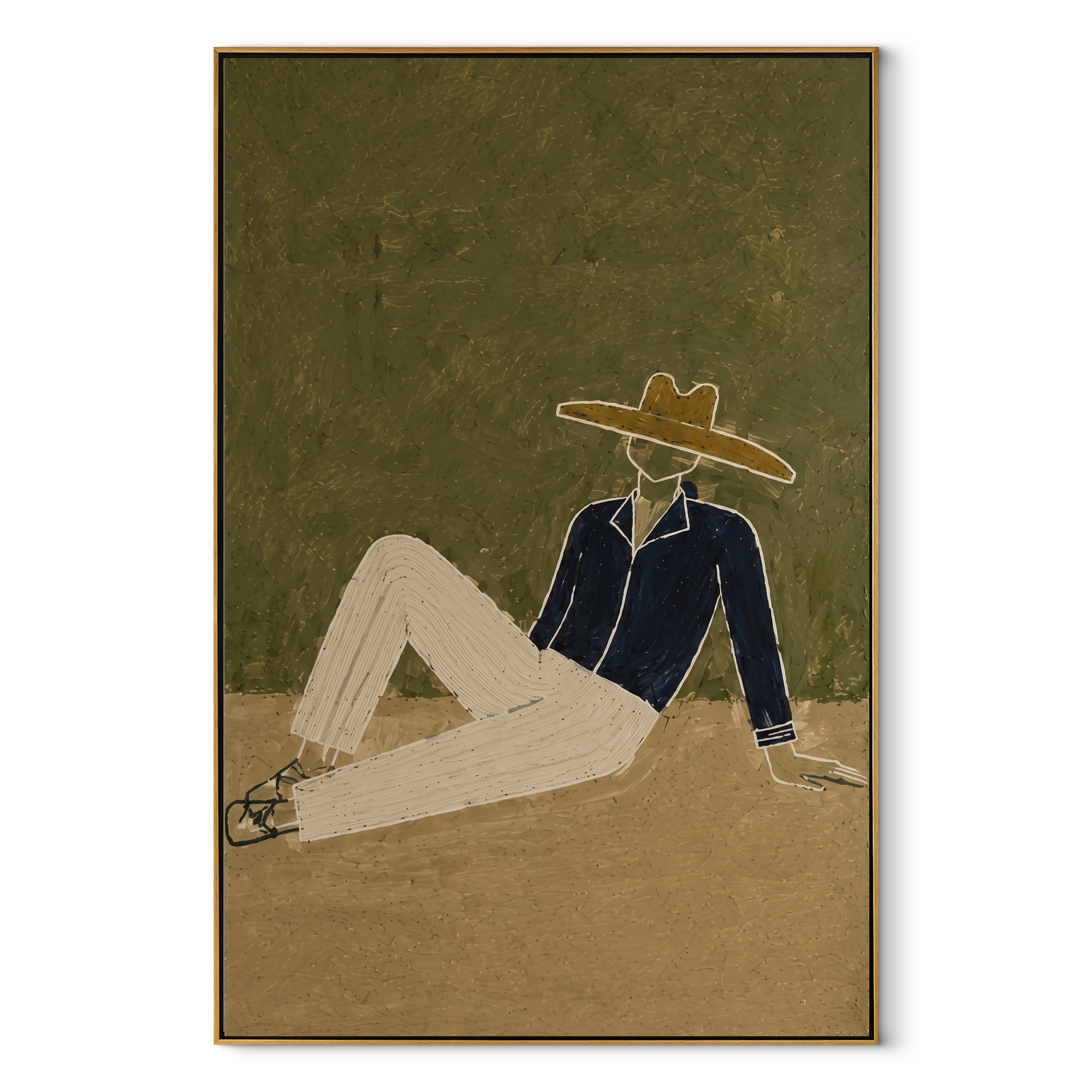 Cream Trousers Cross Earth - minimal reclining cowboy painting by Ethan Mercer, contemporary Western vertical wall art – wood frame on white background