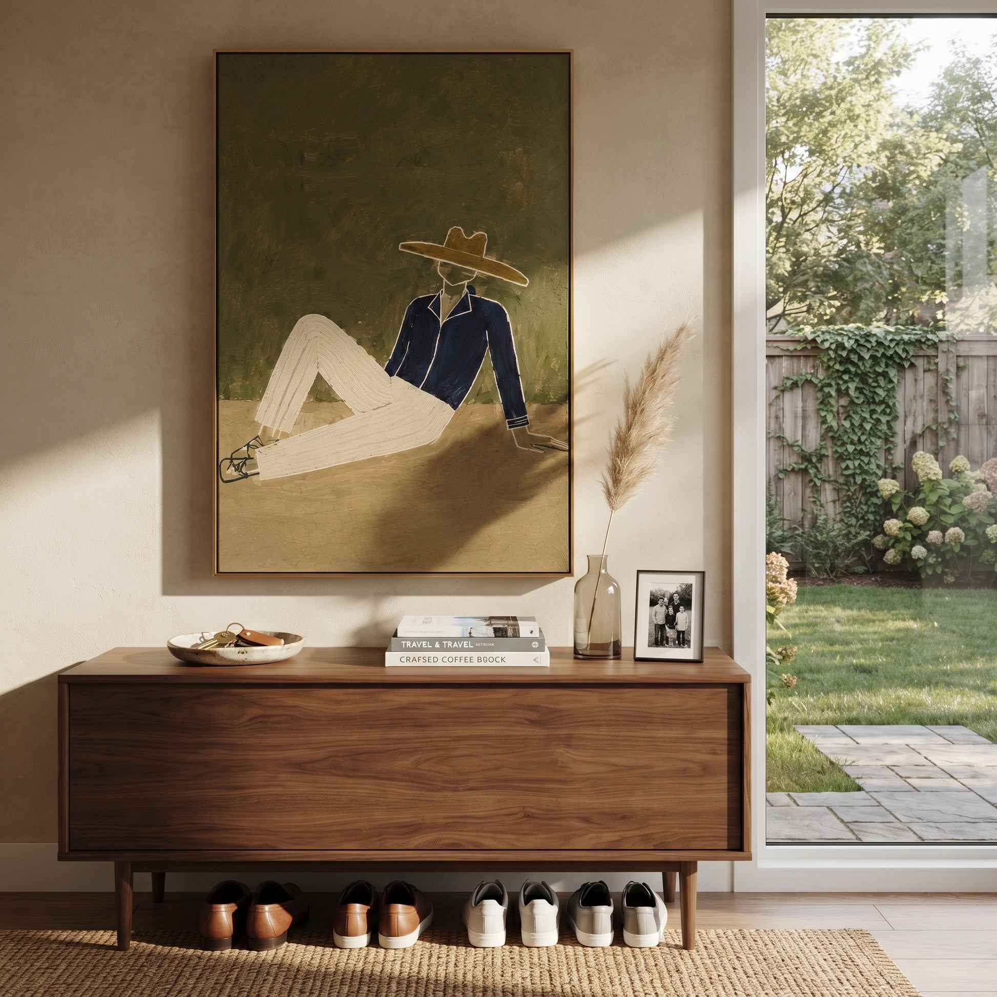 Cream Trousers Cross Earth - minimal reclining cowboy painting by Ethan Mercer, contemporary Western vertical wall art – styled room scene view 2