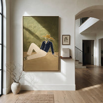 Cream Trousers Cross Earth - minimal reclining cowboy painting by Ethan Mercer, contemporary Western vertical wall art – styled room scene view 3