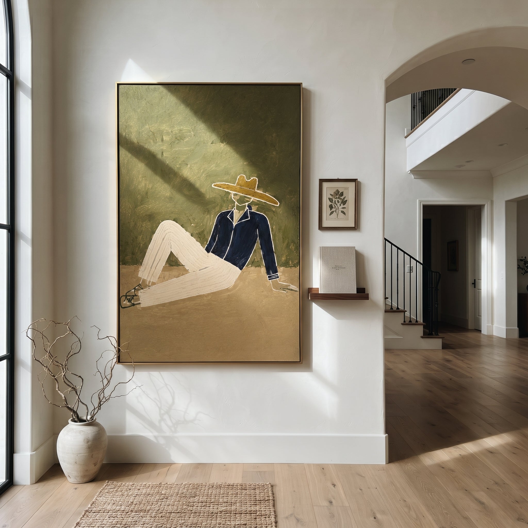 Cream Trousers Cross Earth - minimal reclining cowboy painting by Ethan Mercer, contemporary Western vertical wall art – styled room scene view 3