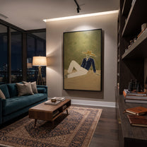 Cream Trousers Cross Earth - minimal reclining cowboy painting by Ethan Mercer, contemporary Western vertical wall art – styled room scene view 5