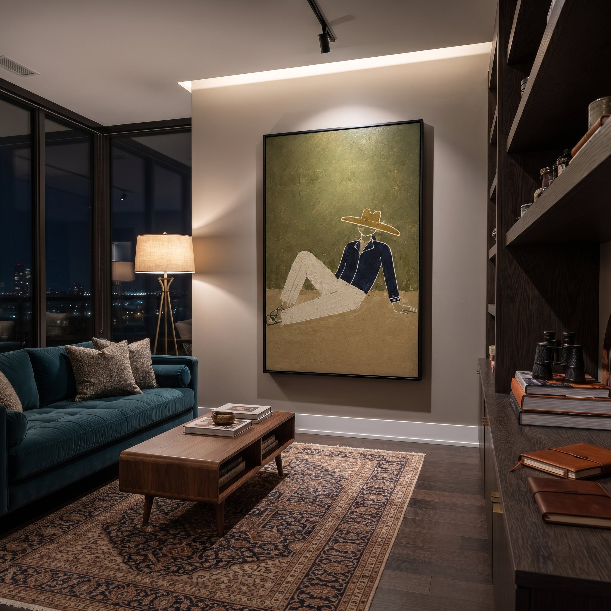 Cream Trousers Cross Earth - minimal reclining cowboy painting by Ethan Mercer, contemporary Western vertical wall art – styled room scene view 5