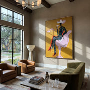 Lavender Horse Carries Evening - cowgirl horse cocktail painting by Ethan Mercer, contemporary Western vertical wall art – styled room scene view 1