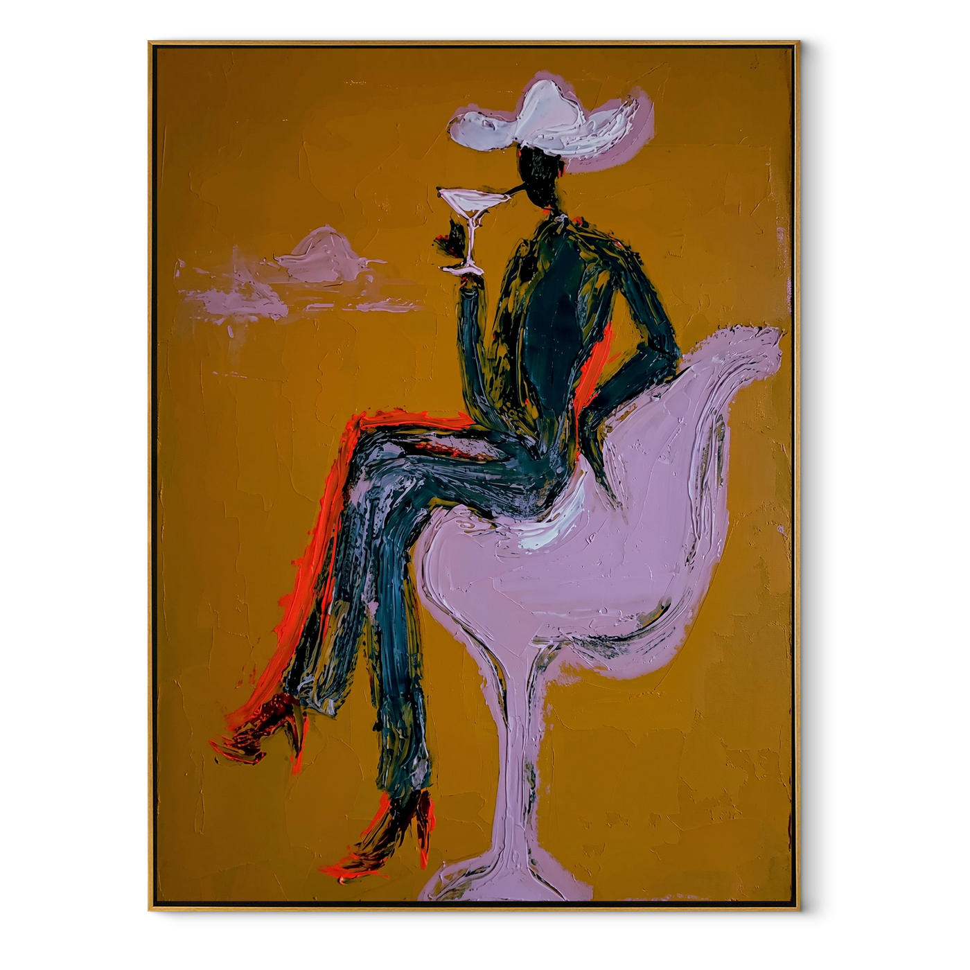 Lavender Horse Carries Evening - cowgirl horse cocktail painting by Ethan Mercer, contemporary Western vertical wall art – wood frame on white background