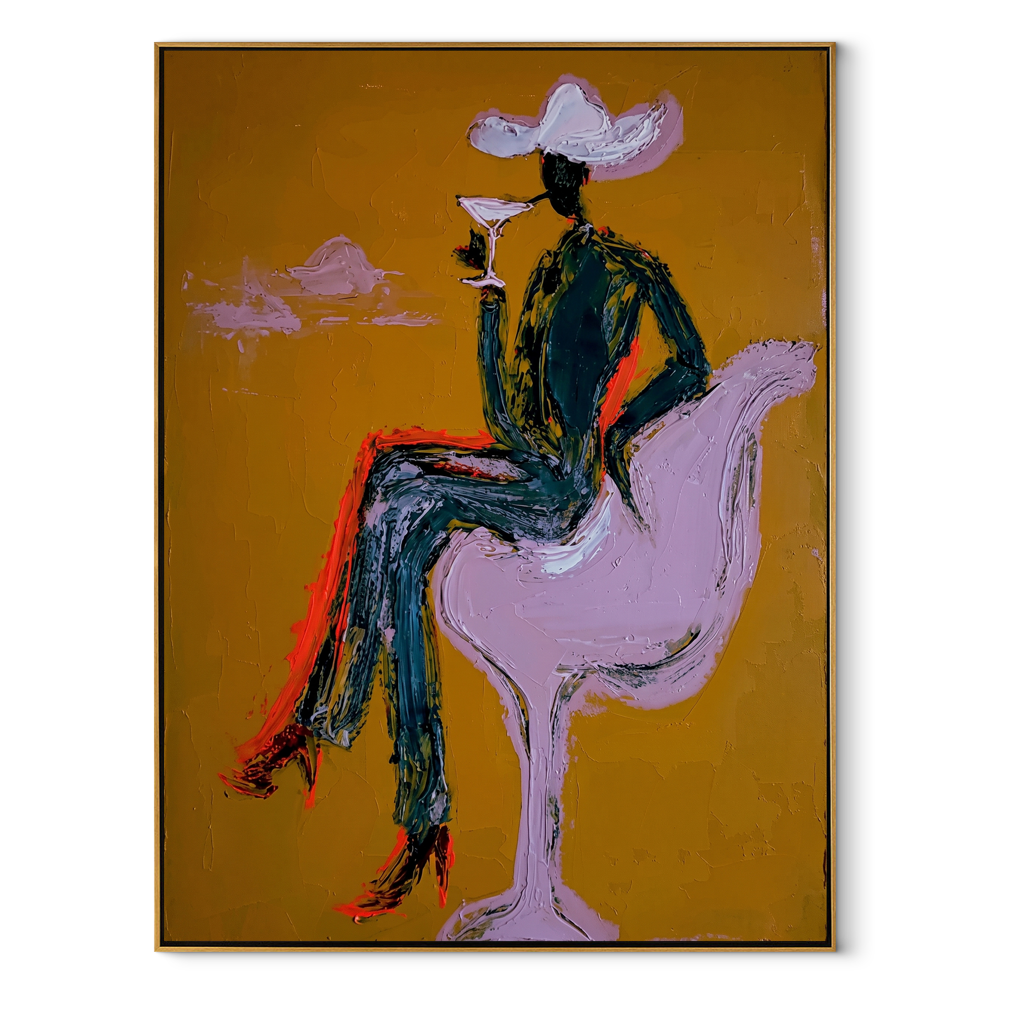 Lavender Horse Carries Evening - cowgirl horse cocktail painting by Ethan Mercer, contemporary Western vertical wall art – wood frame on white background