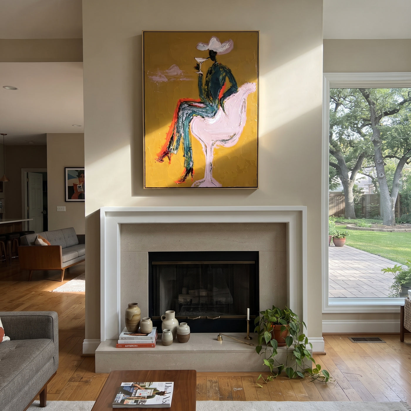 Lavender Horse Carries Evening - cowgirl horse cocktail painting by Ethan Mercer, contemporary Western vertical wall art – styled room scene view 2