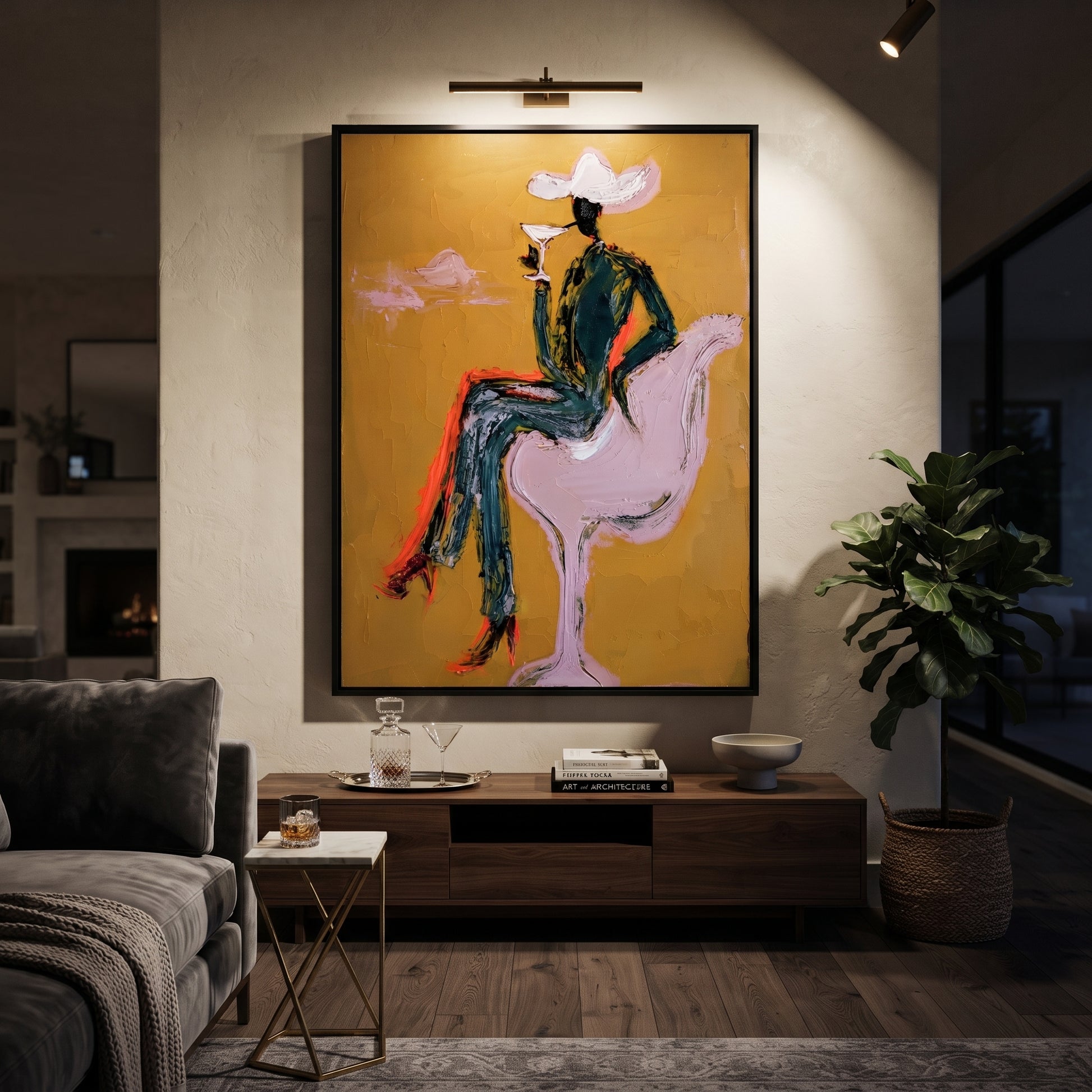 Lavender Horse Carries Evening - cowgirl horse cocktail painting by Ethan Mercer, contemporary Western vertical wall art – styled room scene view 3