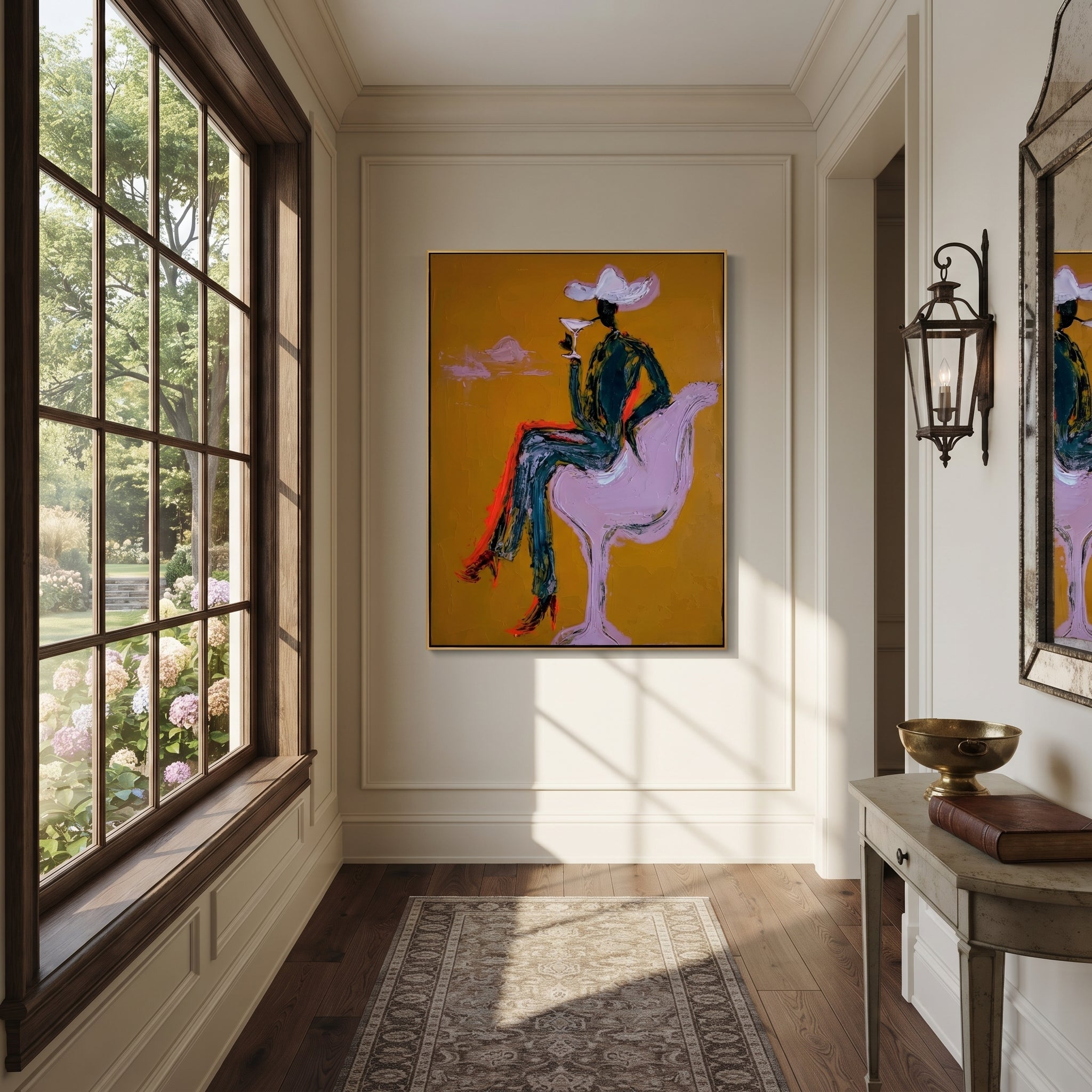 Lavender Horse Carries Evening - cowgirl horse cocktail painting by Ethan Mercer, contemporary Western vertical wall art – styled room scene view 4
