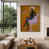 Lavender Horse Carries Evening - cowgirl horse cocktail painting by Ethan Mercer, contemporary Western vertical wall art – styled room scene view 5