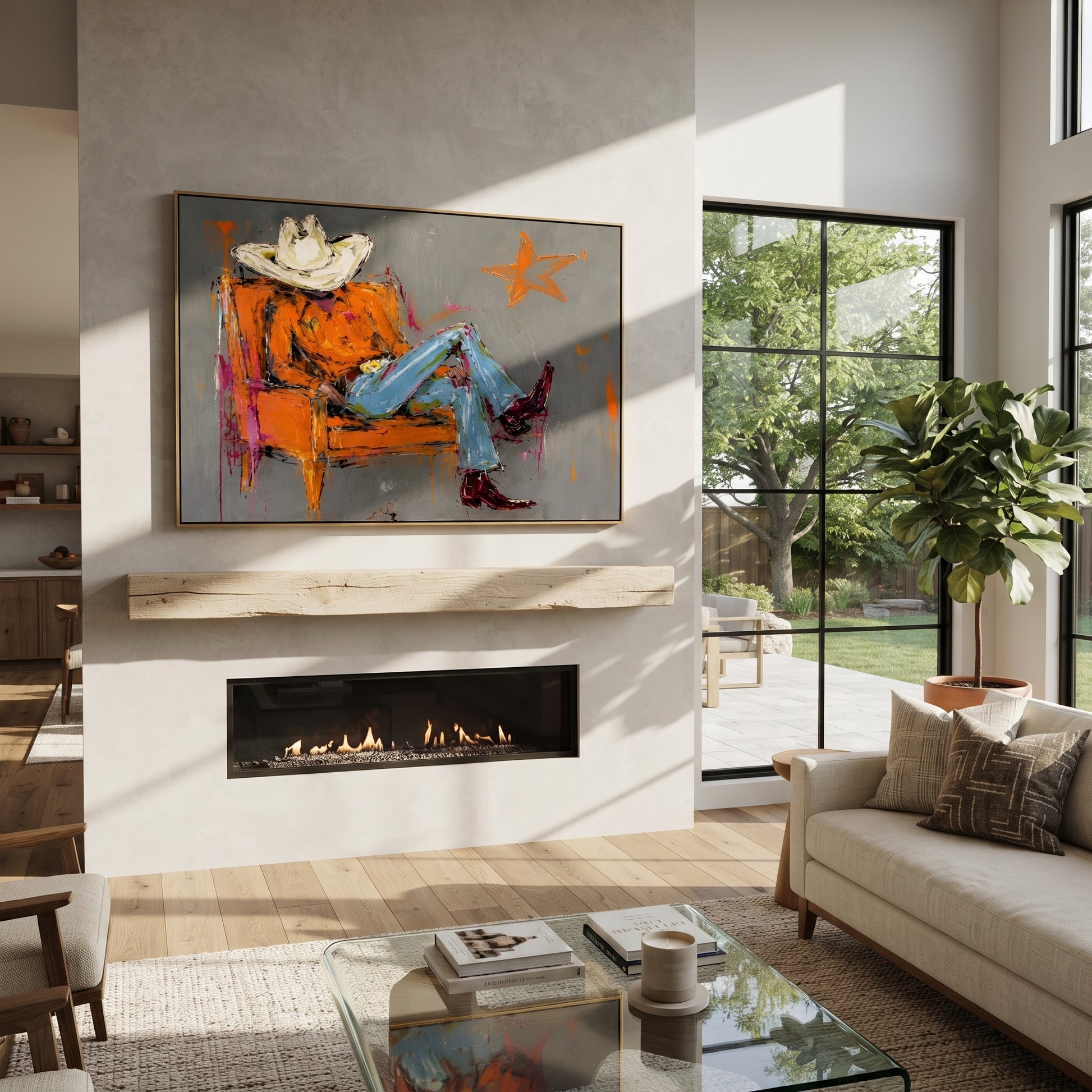 Orange Chair Spans Gray - reclining cowboy chair painting by Ethan Mercer, contemporary Western horizontal wall art – styled room scene view 1