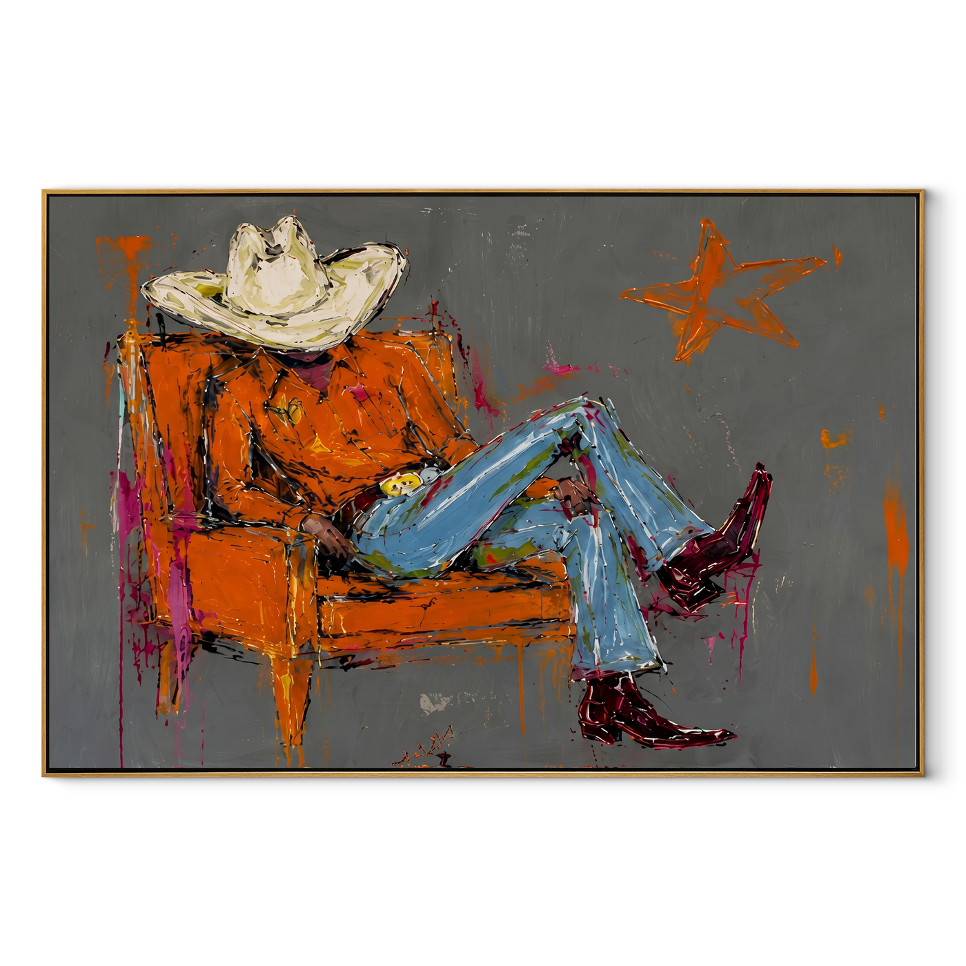 Orange Chair Spans Gray - reclining cowboy chair painting by Ethan Mercer, contemporary Western horizontal wall art – wood frame on white background