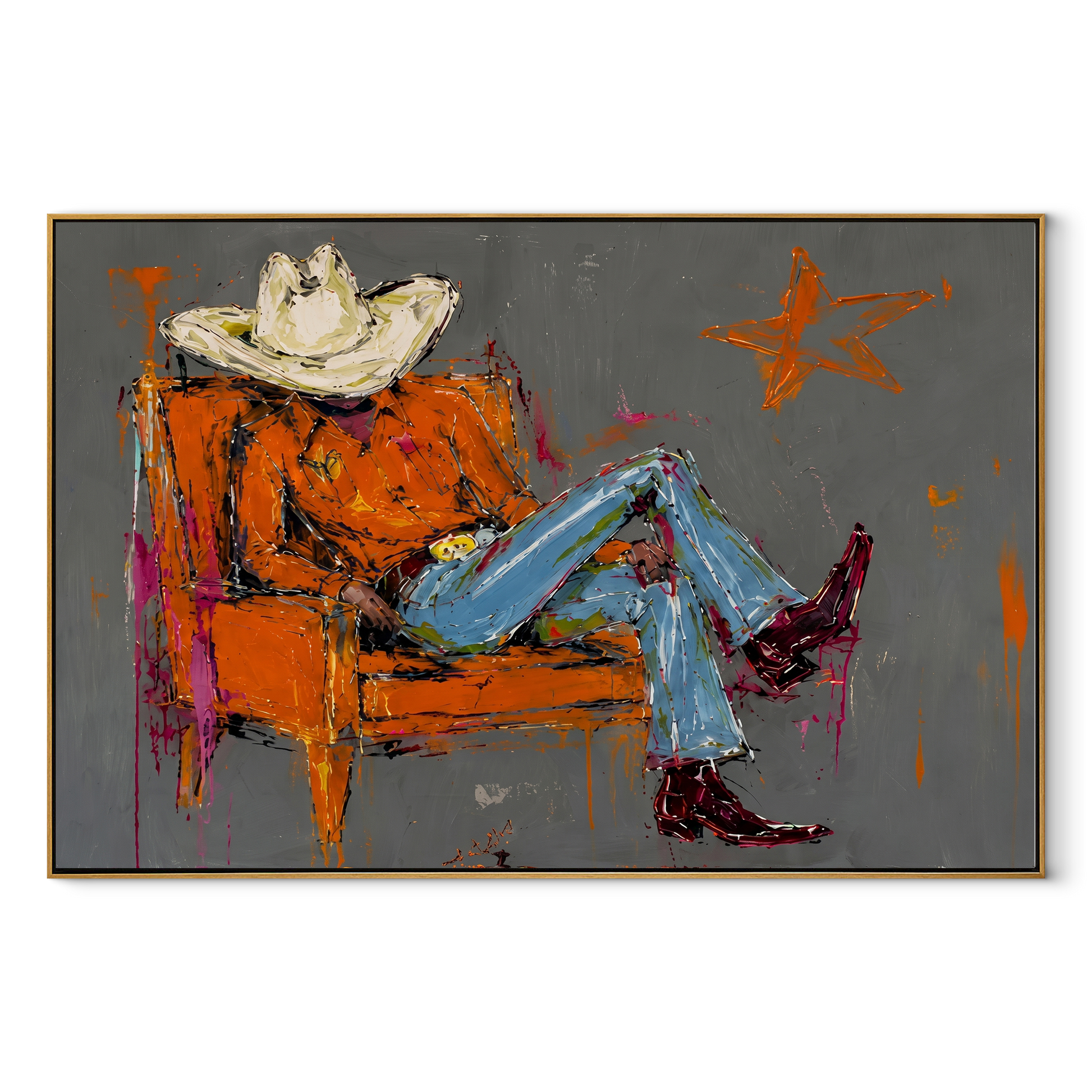 Orange Chair Spans Gray - reclining cowboy chair painting by Ethan Mercer, contemporary Western horizontal wall art – wood frame on white background
