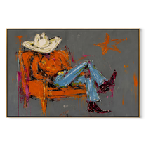 Orange Chair Spans Gray - reclining cowboy chair painting by Ethan Mercer, contemporary Western horizontal wall art – wood frame on white background