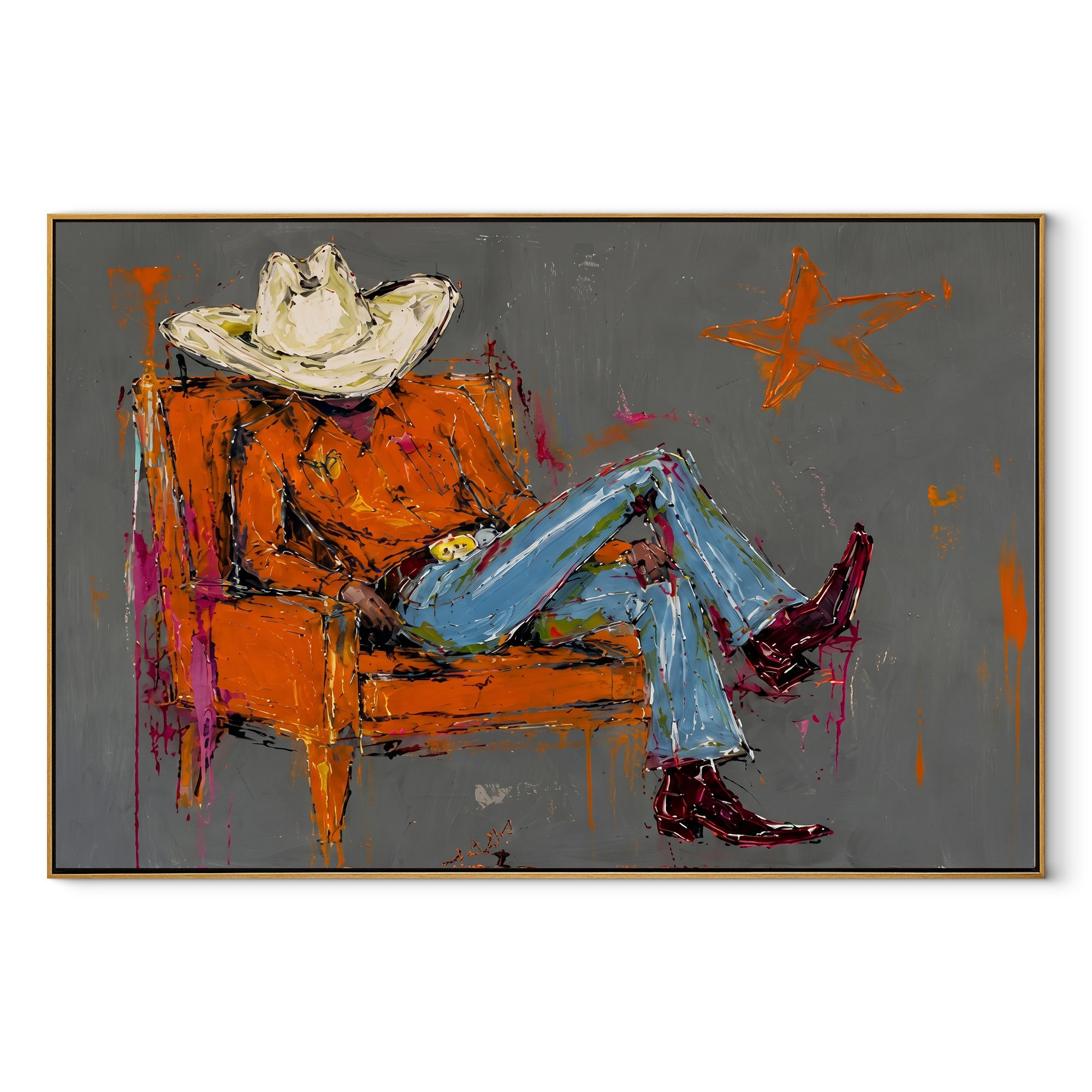Orange Chair Spans Gray - reclining cowboy chair painting by Ethan Mercer, contemporary Western horizontal wall art – wood frame on white background
