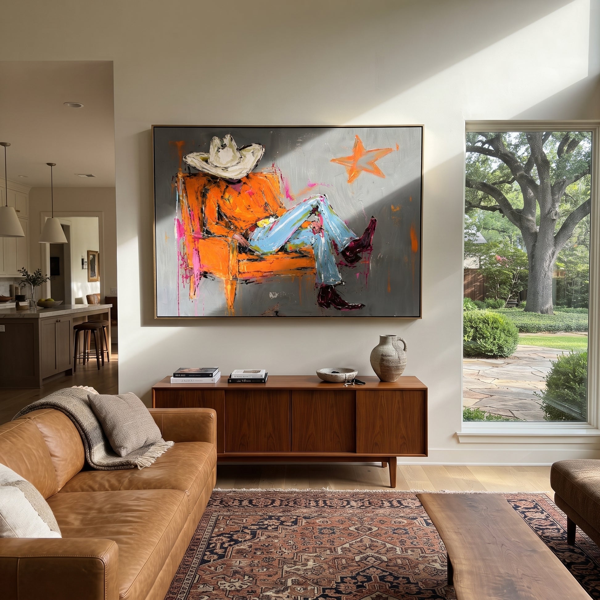Orange Chair Spans Gray - reclining cowboy chair painting by Ethan Mercer, contemporary Western horizontal wall art – styled room scene view 2