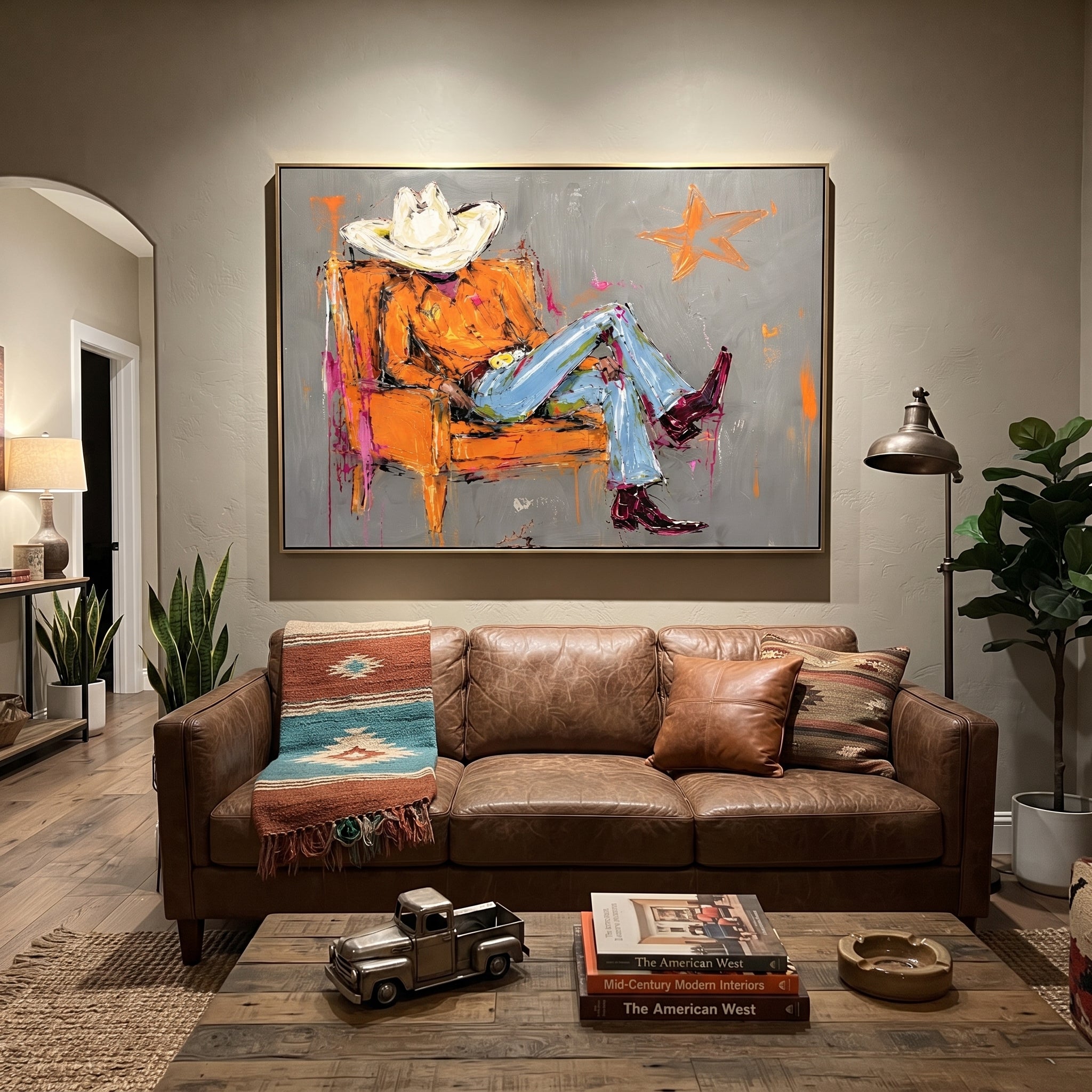 Orange Chair Spans Gray - reclining cowboy chair painting by Ethan Mercer, contemporary Western horizontal wall art – styled room scene view 4