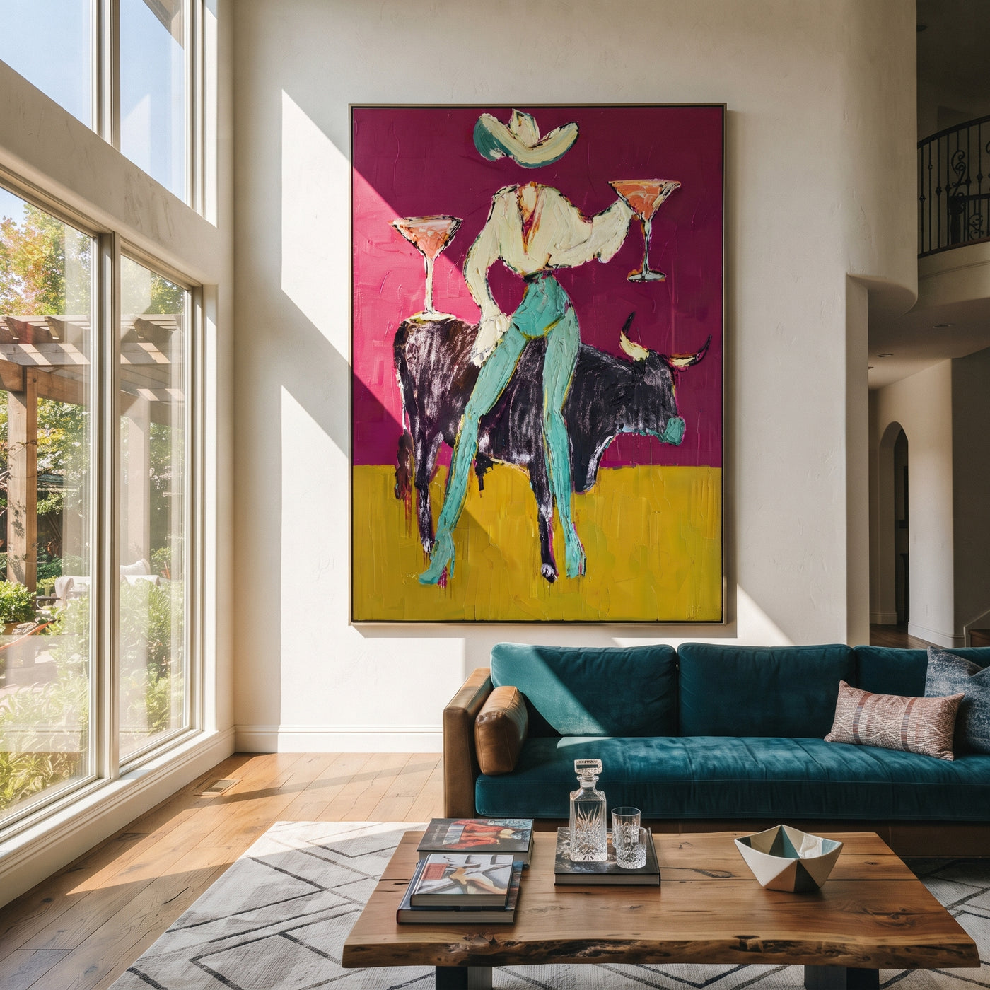 Twin Martinis Ride Midnight - cowgirl bull cocktails painting by Ethan Mercer, contemporary Western vertical wall art – styled room scene view 1