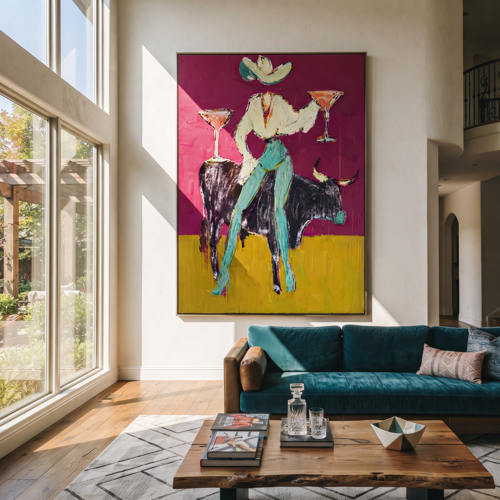 Twin Martinis Ride Midnight - cowgirl bull cocktails painting by Ethan Mercer, contemporary Western vertical wall art – styled room scene view 1