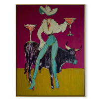 Twin Martinis Ride Midnight - cowgirl bull cocktails painting by Ethan Mercer, contemporary Western vertical wall art – wood frame on white background