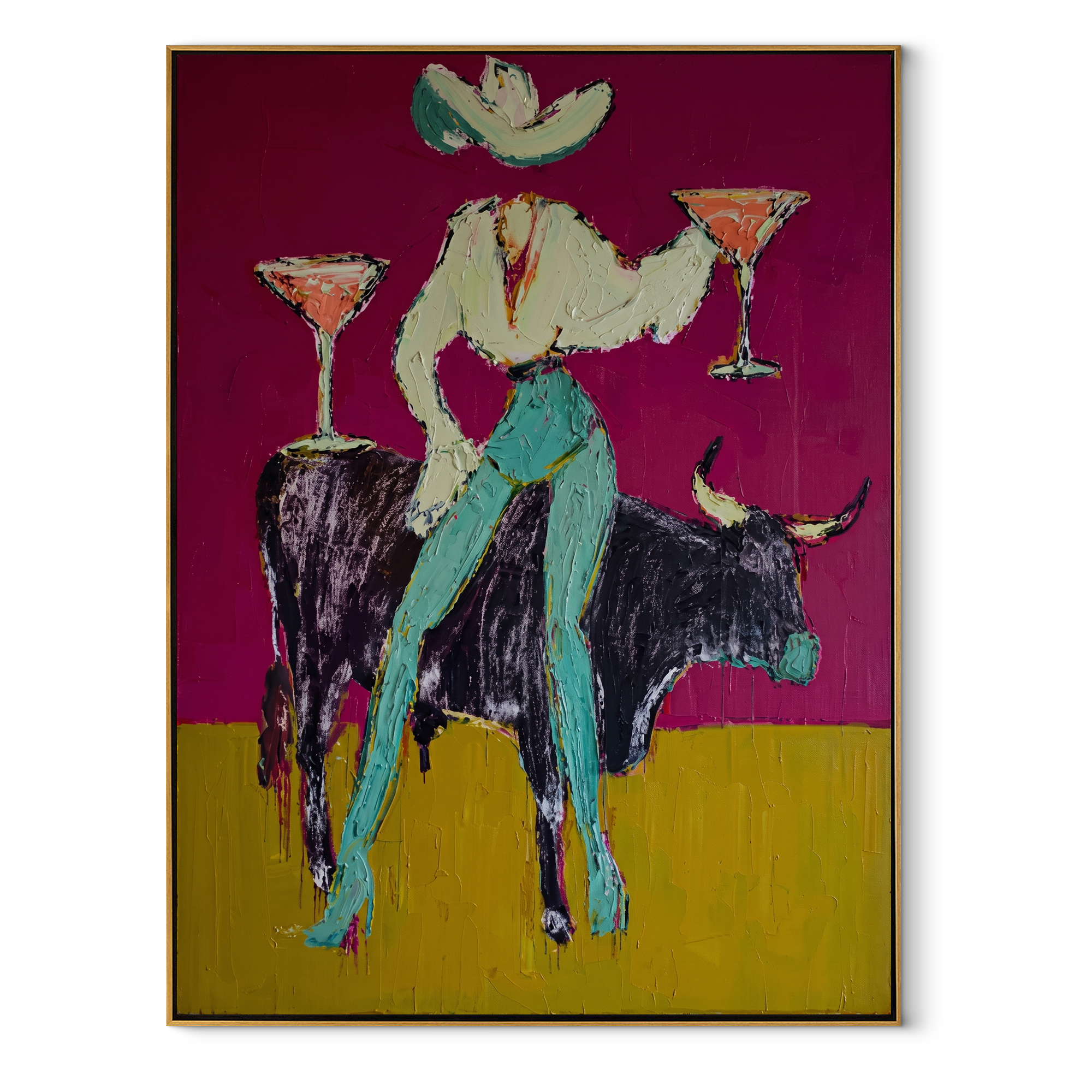 Twin Martinis Ride Midnight - cowgirl bull cocktails painting by Ethan Mercer, contemporary Western vertical wall art – wood frame on white background