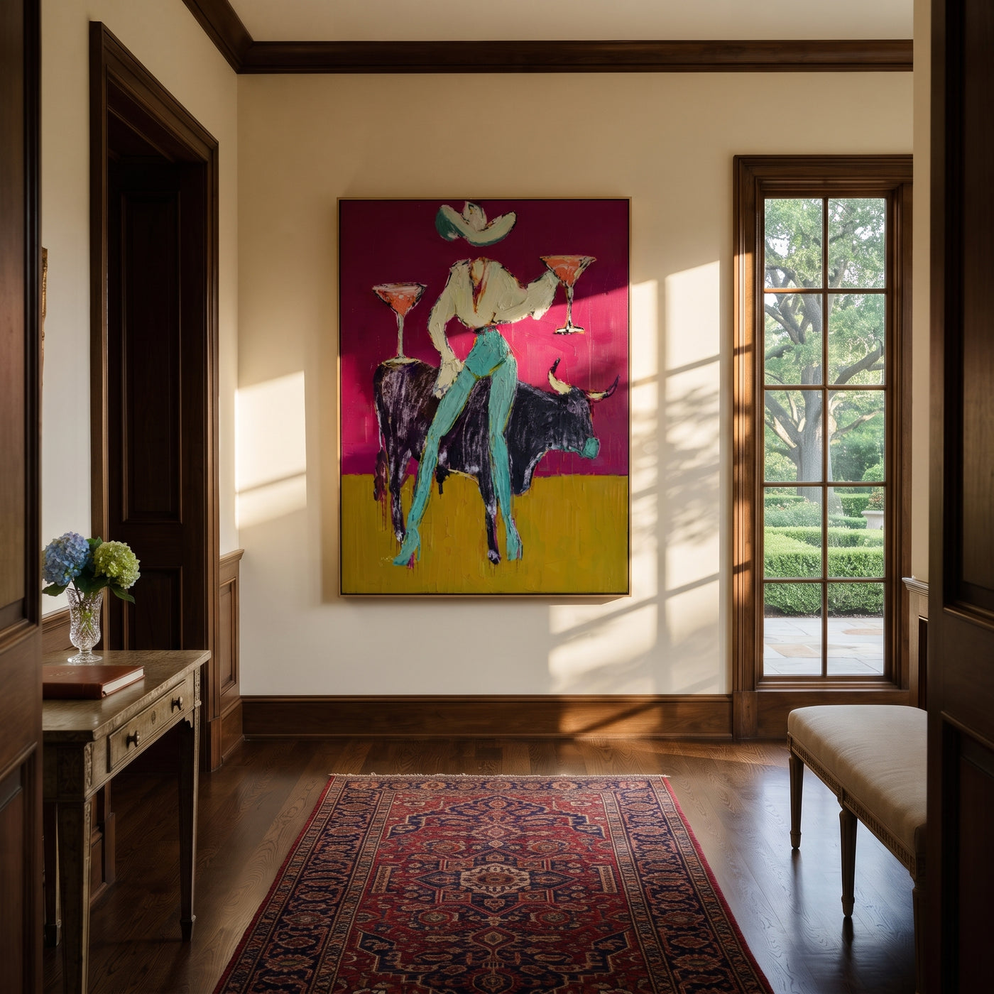 Twin Martinis Ride Midnight - cowgirl bull cocktails painting by Ethan Mercer, contemporary Western vertical wall art – styled room scene view 2