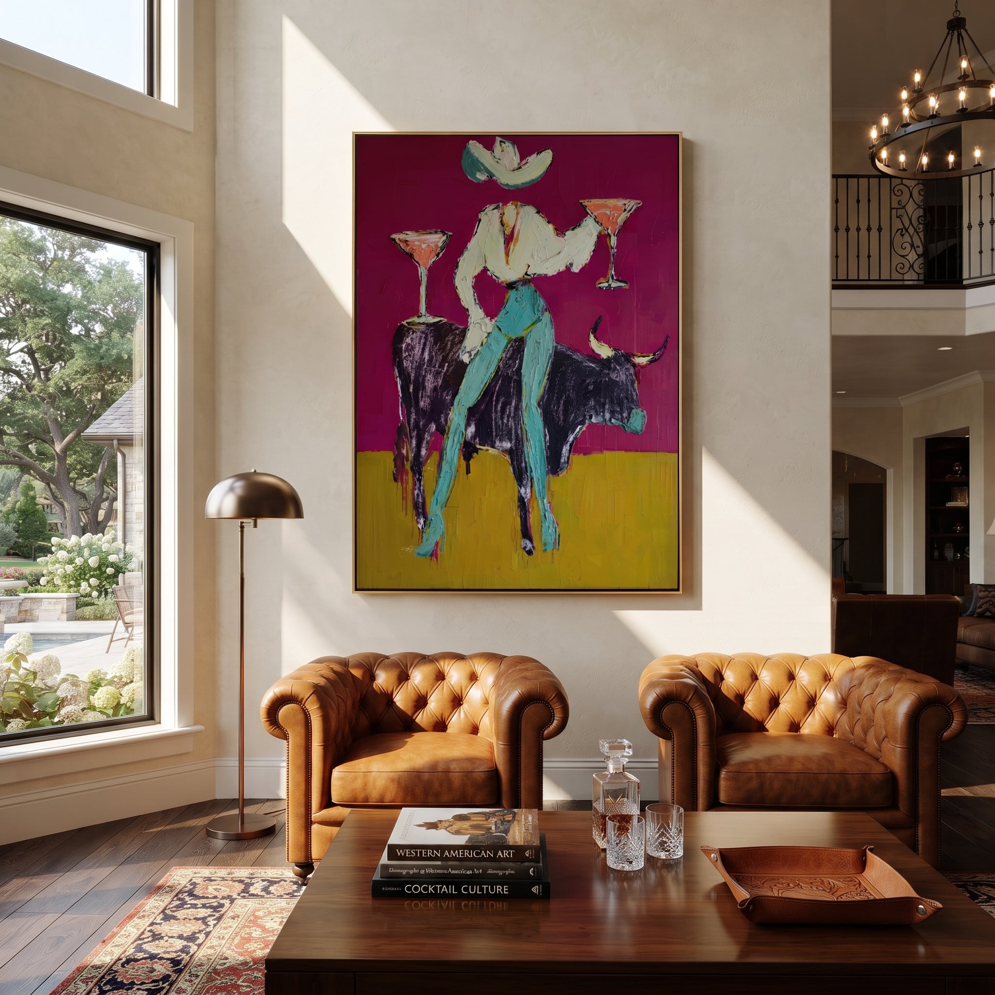 Twin Martinis Ride Midnight - cowgirl bull cocktails painting by Ethan Mercer, contemporary Western vertical wall art – styled room scene view 3