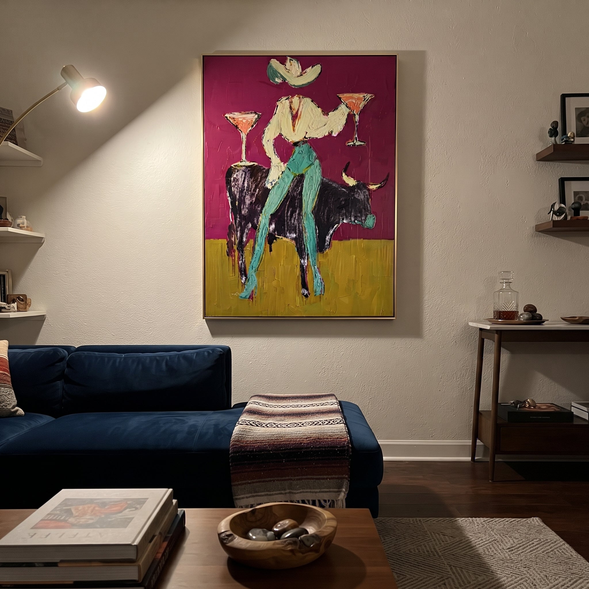 Twin Martinis Ride Midnight - cowgirl bull cocktails painting by Ethan Mercer, contemporary Western vertical wall art – styled room scene view 4