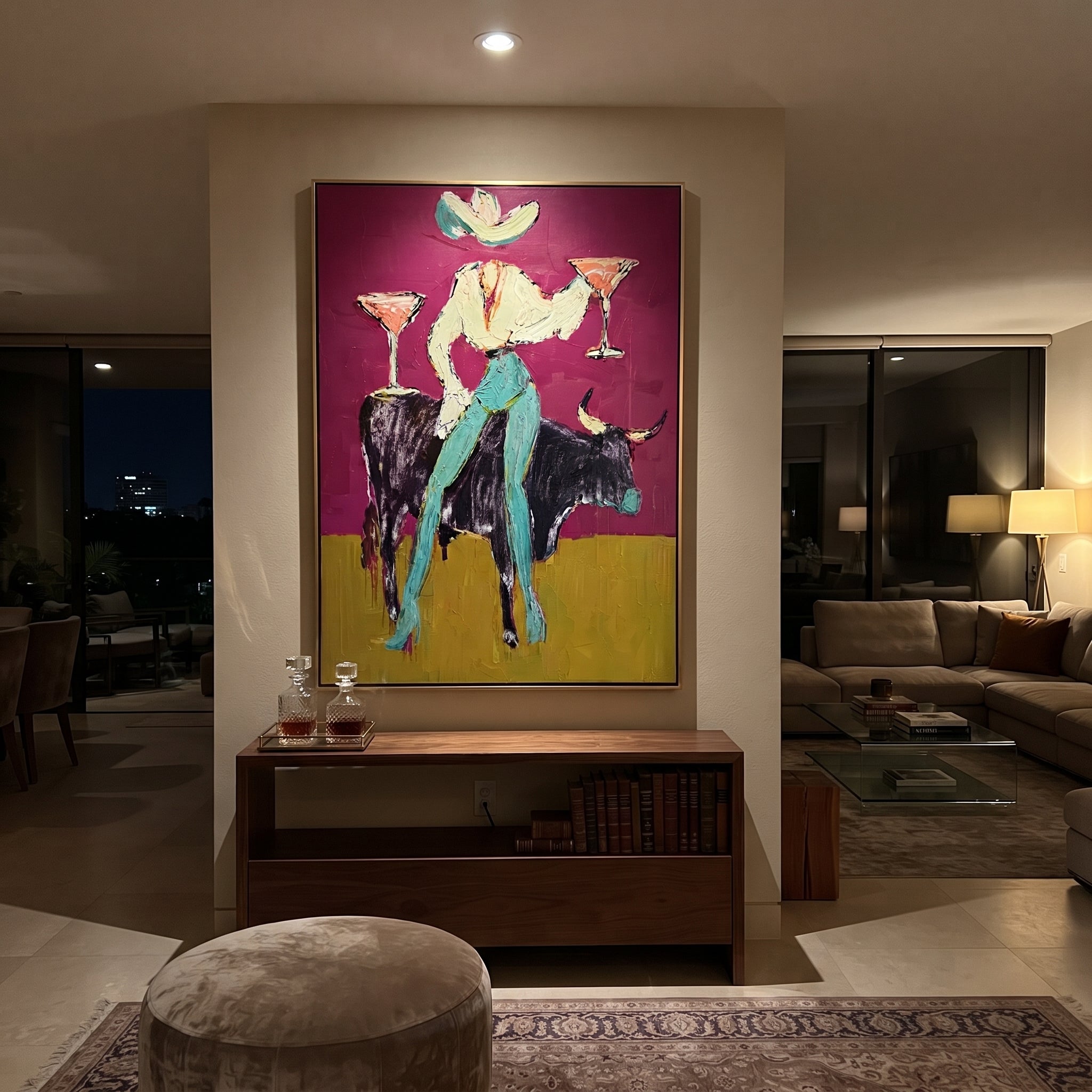 Twin Martinis Ride Midnight - cowgirl bull cocktails painting by Ethan Mercer, contemporary Western vertical wall art – styled room scene view 5