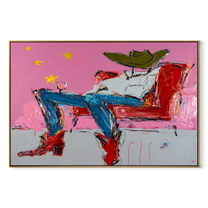 Red Chair Drifts Pink - reclining cowboy chair painting by Ethan Mercer, contemporary Western horizontal wall art – wood frame on white background