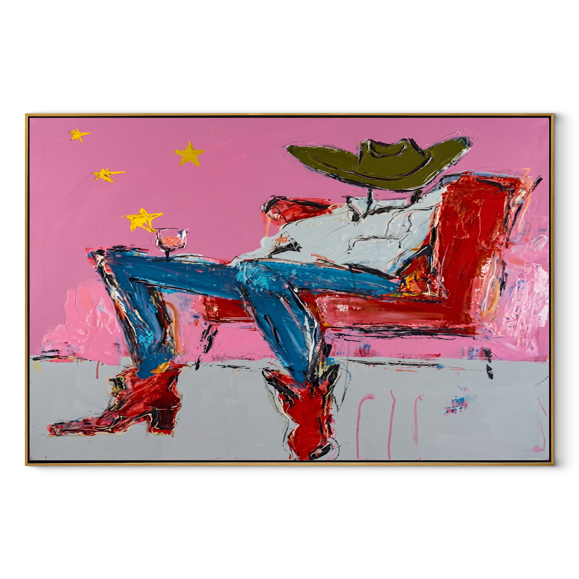 Red Chair Drifts Pink - reclining cowboy chair painting by Ethan Mercer, contemporary Western horizontal wall art – wood frame on white background