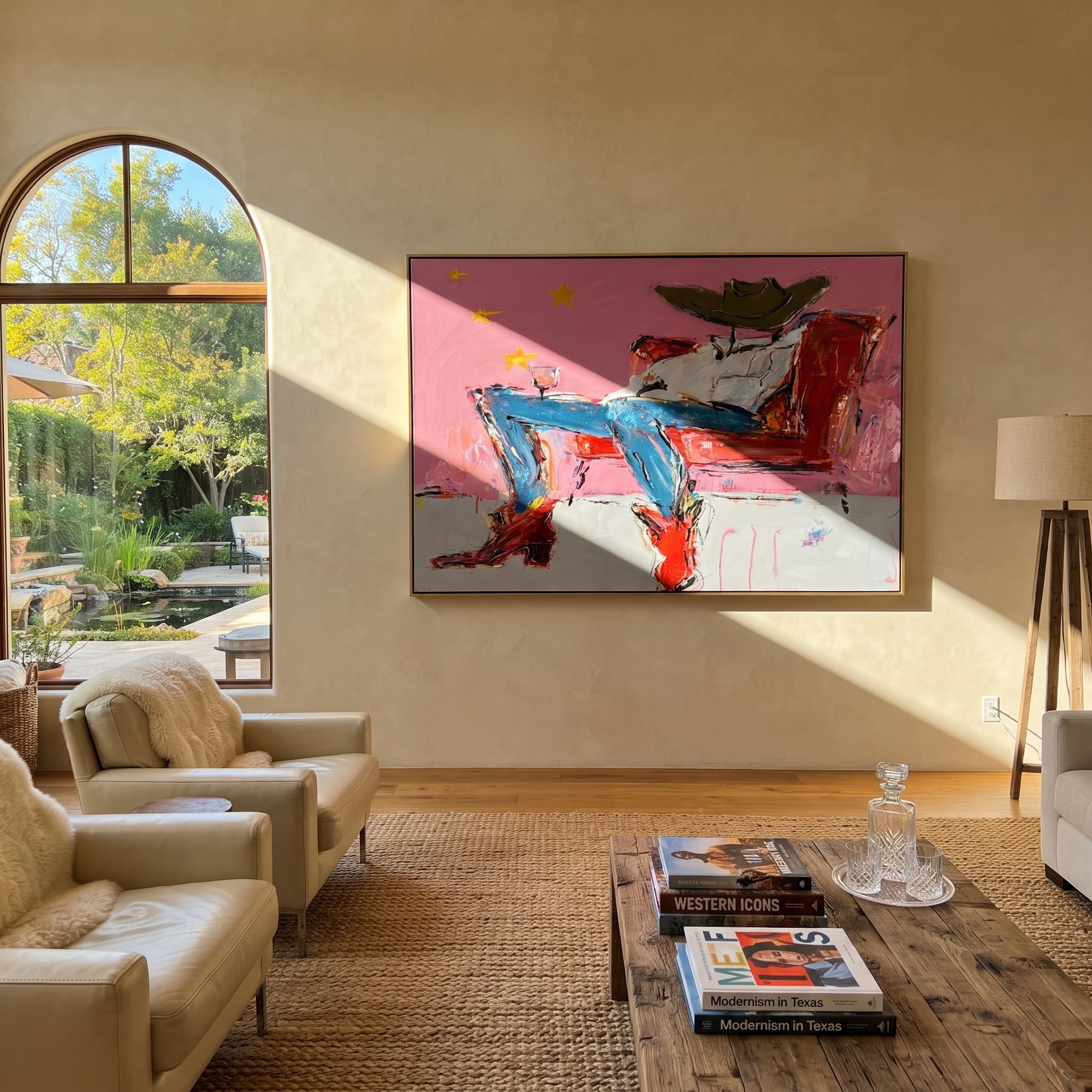 Red Chair Drifts Pink - reclining cowboy chair painting by Ethan Mercer, contemporary Western horizontal wall art – styled room scene view 2