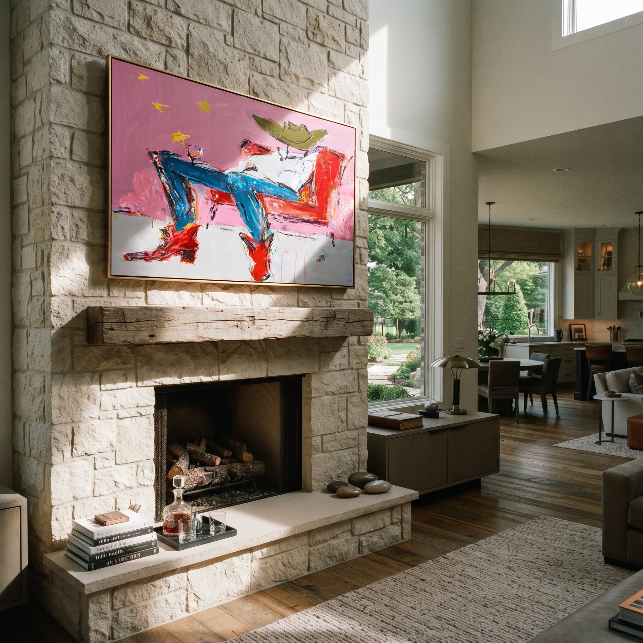 Red Chair Drifts Pink - reclining cowboy chair painting by Ethan Mercer, contemporary Western horizontal wall art – styled room scene view 3