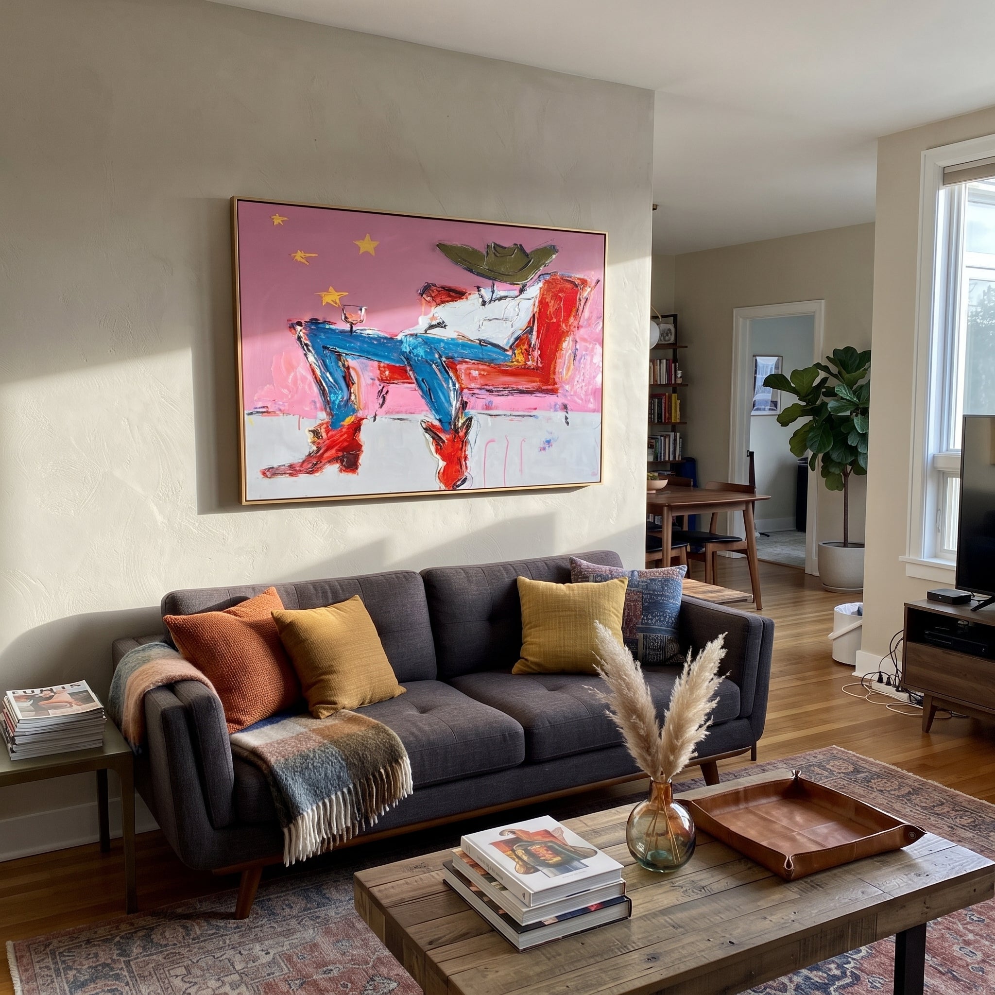 Red Chair Drifts Pink - reclining cowboy chair painting by Ethan Mercer, contemporary Western horizontal wall art – styled room scene view 4