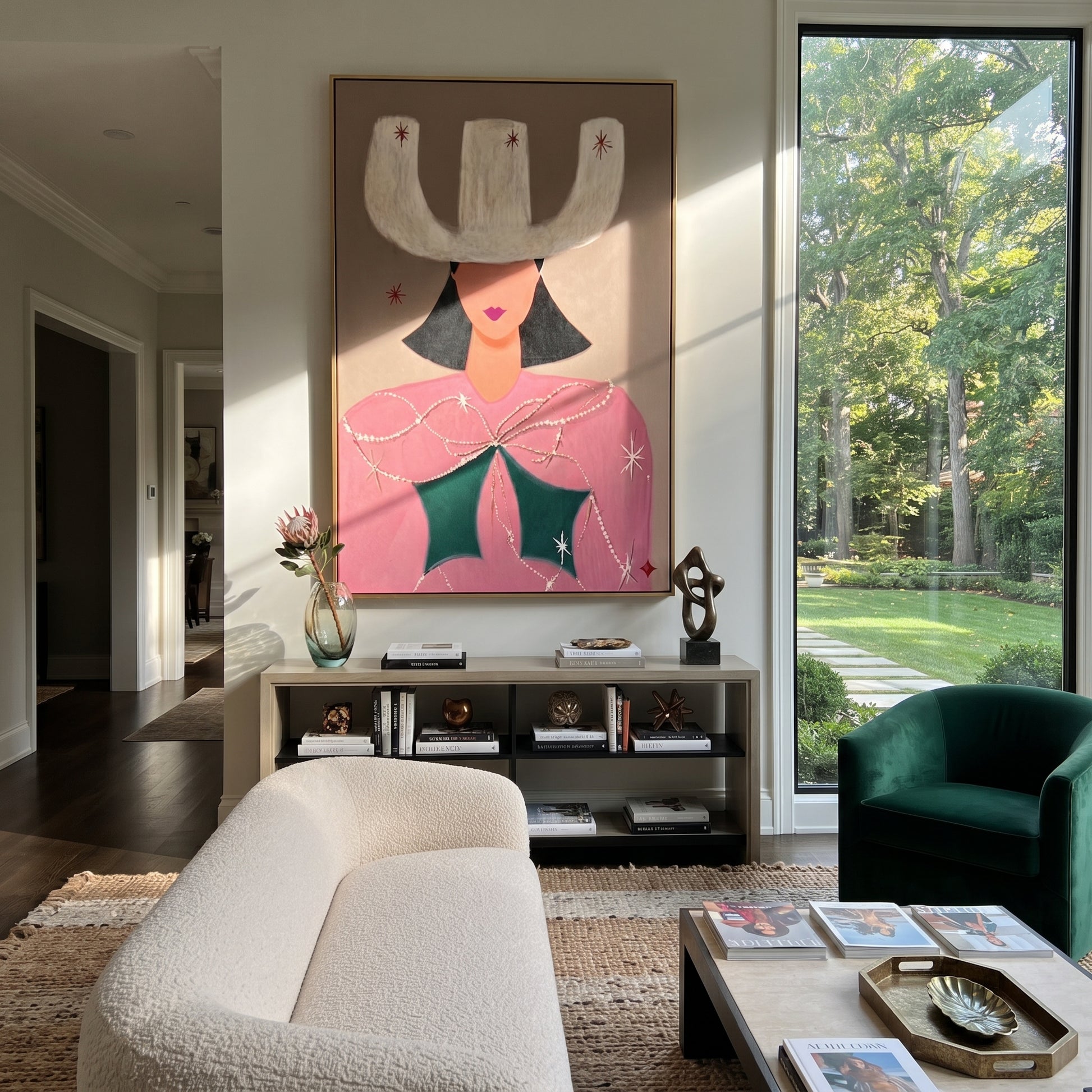 White Crown Frames Rose - surreal cowgirl portrait painting by Ethan Mercer, contemporary Western vertical wall art – styled room scene view 1